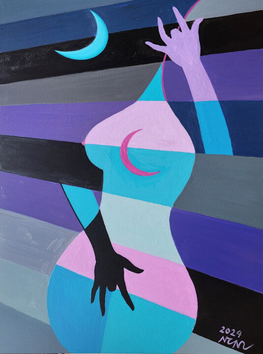 Painting titled "New moon melody" by Chi Nguyen, Original Artwork, Acrylic Mounted on Wood Stretcher frame