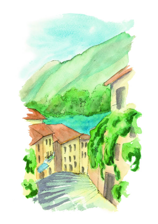 Картина под названием "Street view of Sali…" - Chiara Gomiselli (Chiara Go Arts), Подлинное произведение искусства, Акварель