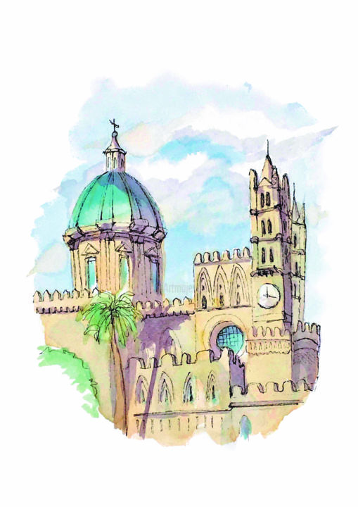 Peinture intitulée "Palermo Cathedral I…" par Chiara Gomiselli (Chiara Go Arts), Œuvre d'art originale, Aquarelle