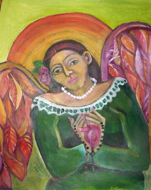 Painting titled "FRIDA Heart in Hand" by Chicana Artist.... Ruth Olivar Millan, Original Artwork