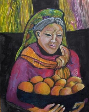 Painting titled "Vieja con Naranjas…" by Chicana Artist.... Ruth Olivar Millan, Original Artwork, Oil