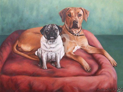 Pittura intitolato "Pug & Ridgeback" da Arts & Dogs, Opera d'arte originale, Olio