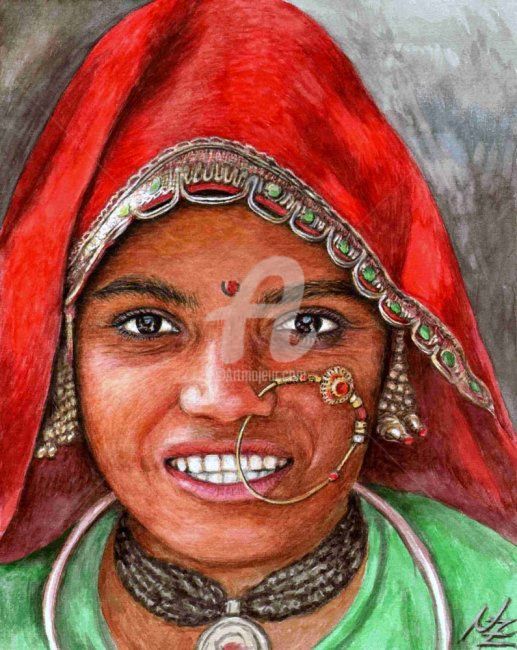 Malerei mit dem Titel "North Indian Woman" von Arts & Dogs, Original-Kunstwerk, Öl