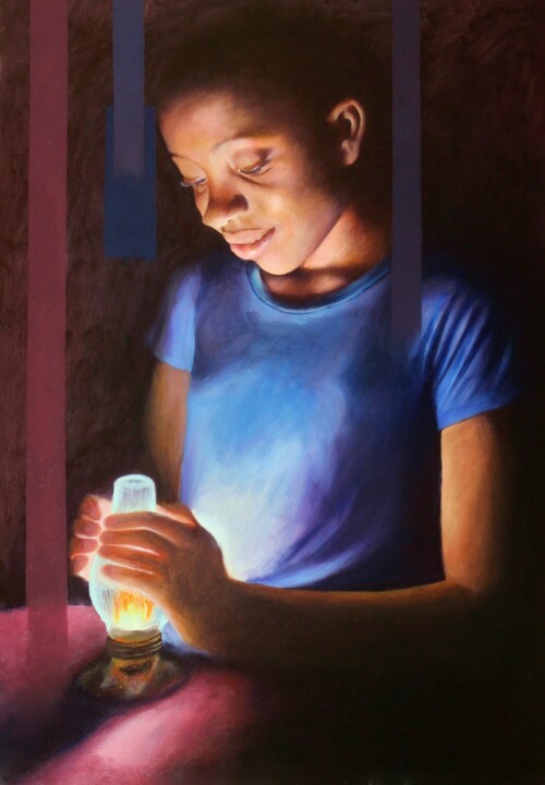 Ζωγραφική με τίτλο "HOPE’S GUIDING GLOW" από Chidiebere Umeasiegbu, Αυθεντικά έργα τέχνης, Λάδι