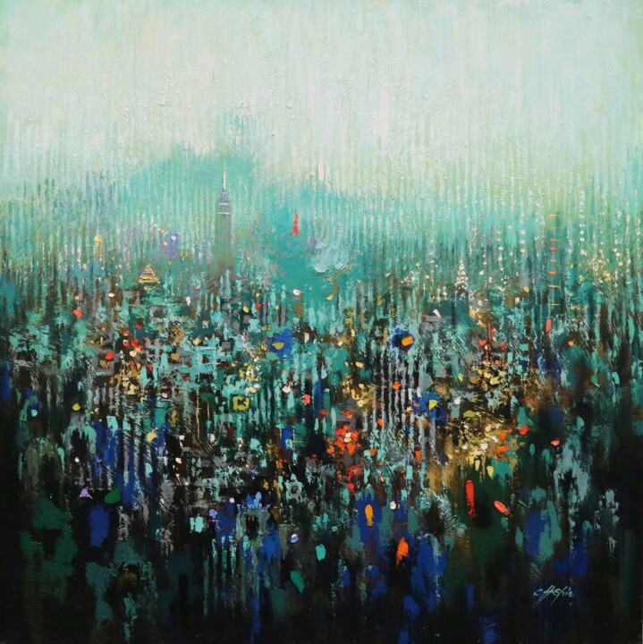Painting titled "Urban Forest 10" by Chin H Shin, Original Artwork, Oil Mounted on Wood Stretcher frame