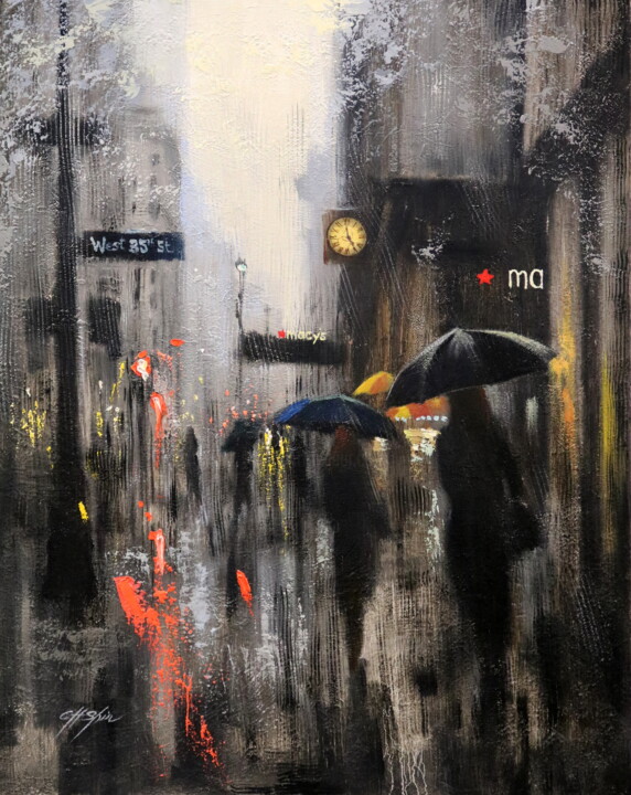 Painting titled "Macy's Rainy Day Wa…" by Chin H Shin, Original Artwork, Oil Mounted on Wood Stretcher frame