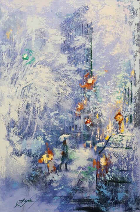 Schilderij getiteld "Winter Blue and Fla…" door Chin H Shin, Origineel Kunstwerk, Olie Gemonteerd op Frame voor houten branc…