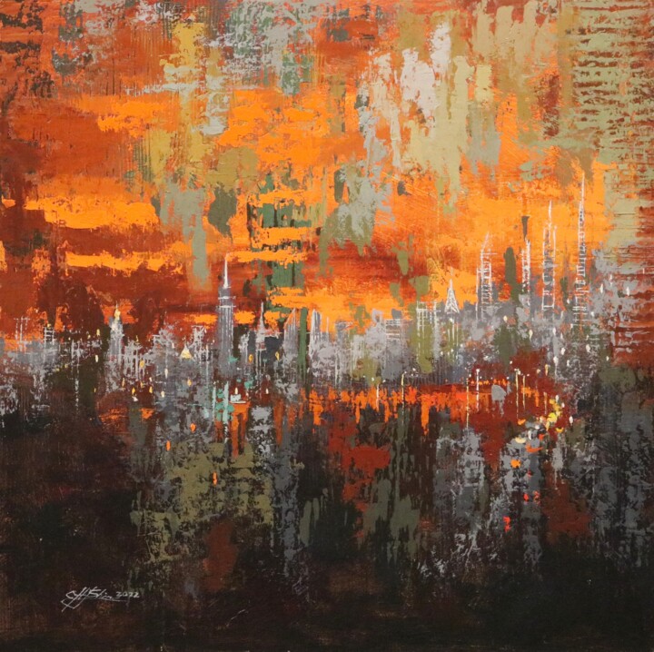 Painting titled "SUNDOWN" by Chin H Shin, Original Artwork, Oil Mounted on Wood Stretcher frame