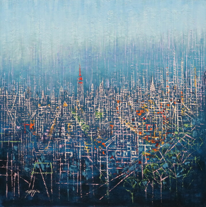 Painting titled "Blue Twilight" by Chin H Shin, Original Artwork, Oil Mounted on Wood Stretcher frame