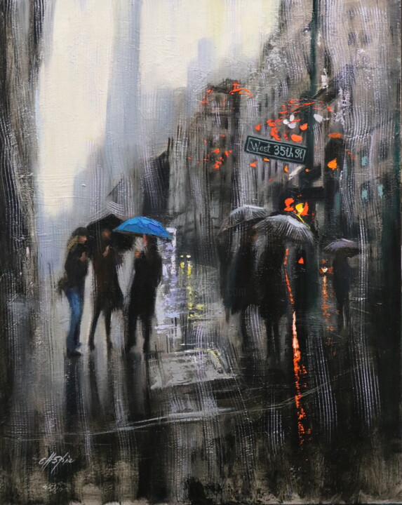 Painting titled "Dark Rain in Manhat…" by Chin H Shin, Original Artwork, Oil Mounted on Wood Stretcher frame