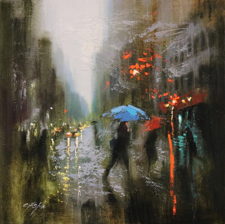 Painting titled "Blue Umbrella and R…" by Chin H Shin, Original Artwork, Oil