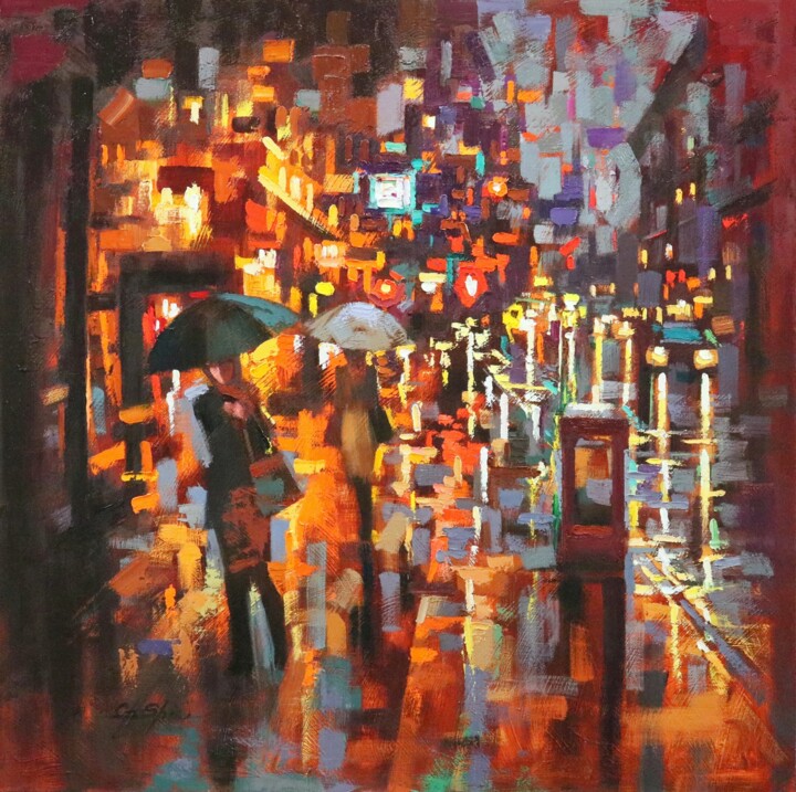 Painting titled "Evening Rain at Sul…" by Chin H Shin, Original Artwork, Oil Mounted on Wood Stretcher frame