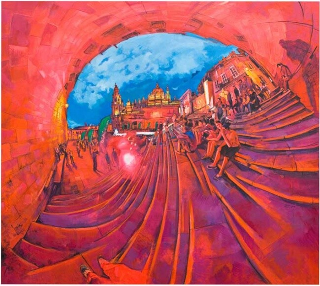 Painting titled "Cathedral in Red" by Chin Kong Yee, Original Artwork, Oil