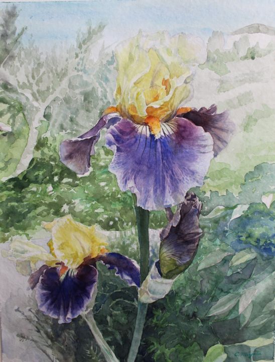 Painting titled "" Iris e albero di…" by Chinami Miyata, Original Artwork, Watercolor