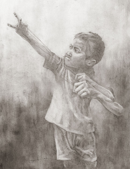 Drawing titled "Slingshot" by Jonathan Bunker, Original Artwork, Pencil