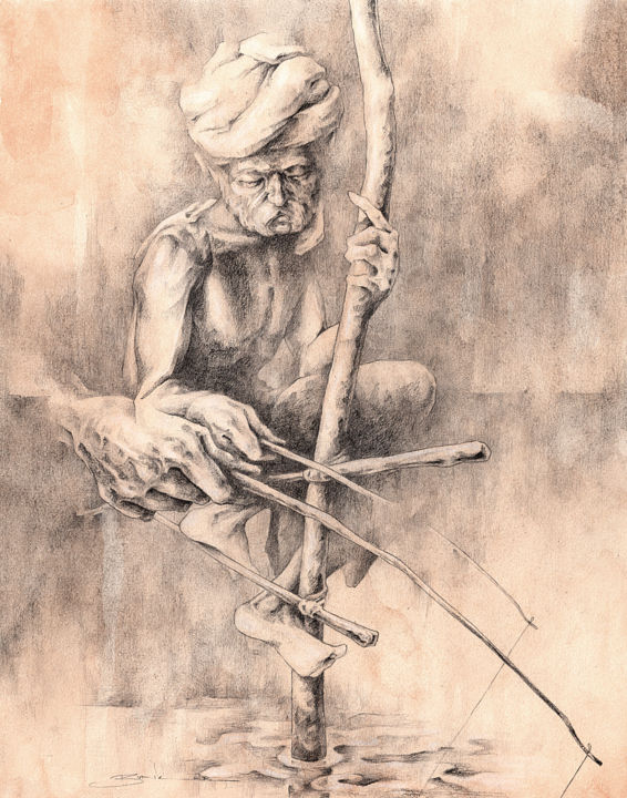 Рисунок под названием "The Fisherman" - Jonathan Bunker, Подлинное произведение искусства, Графит