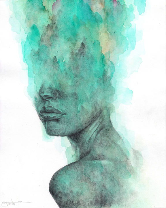 Pintura intitulada "Untitled Portrait" por Jonathan Bunker, Obras de arte originais, Aquarela