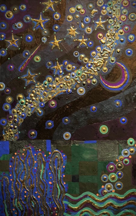 Painting titled "Starry Night" by Chiori Ohnaka, Original Artwork, Pigments Mounted on Wood Panel