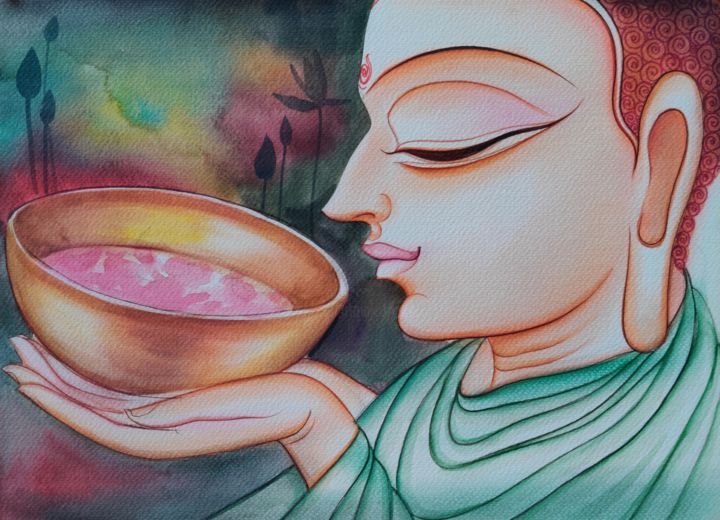 Painting titled "Buddha2" by Chiranjib Panda, Original Artwork, Watercolor