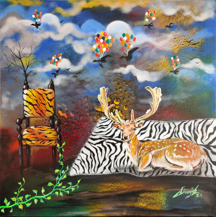 Painting titled "THE FANTASY DEER" by Chiranjib Panda, Original Artwork, Acrylic