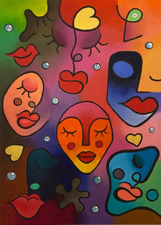 Painting titled "FACES LIMONADE" by Chloe Passadore, Original Artwork, Acrylic Mounted on Wood Stretcher frame