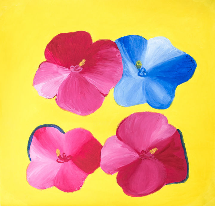 Malerei mit dem Titel "Four Hibiscus Flowe…" von Chloe Whitehouse, Original-Kunstwerk, Acryl