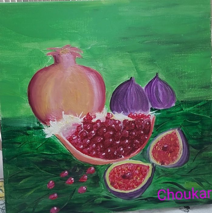 Peinture intitulée "Grenade & figue" par Lahcen Choukar, Œuvre d'art originale, Huile
