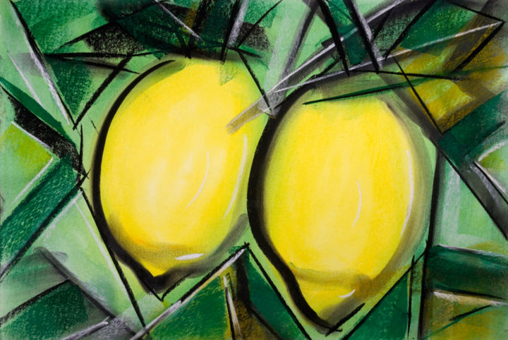 Peinture intitulée "Zitronen am Strauch" par Chris Schäfer, Œuvre d'art originale, Pastel