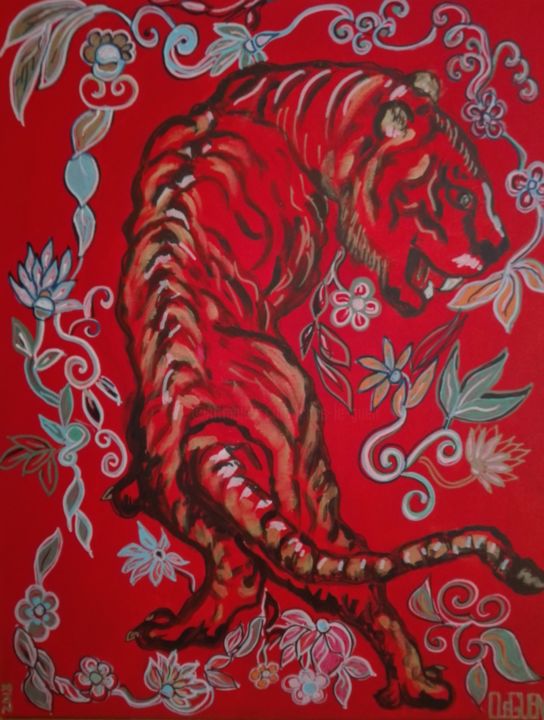 Painting titled "Tigre N°7" by Chris Le Guen Drianne, Original Artwork, Oil Mounted on Wood Stretcher frame