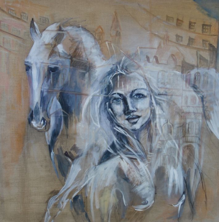 Painting titled "N°2 Lady Godiva" by Chris Le Guen Drianne, Original Artwork, Ink Mounted on Wood Stretcher frame