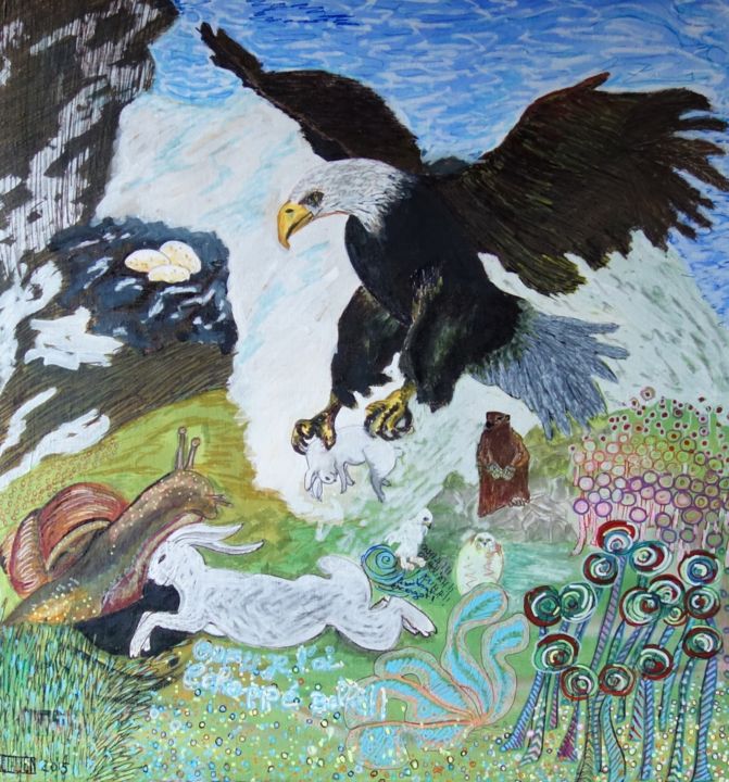 Malerei mit dem Titel "L'Aigle et l'Escarb…" von Chris Le Guen Drianne, Original-Kunstwerk, Acryl Auf Keilrahmen aus Holz mo…