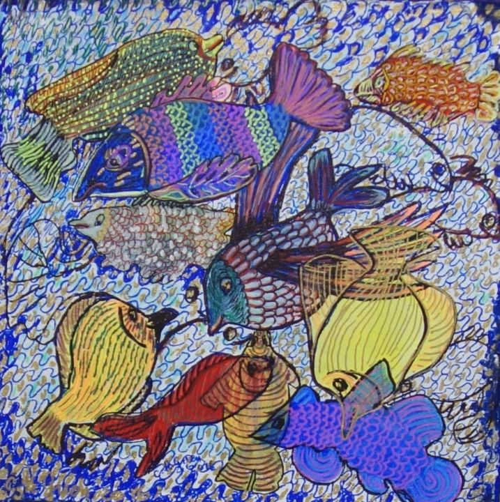 Painting titled "Poissons" by Chris Le Guen Drianne, Original Artwork, Acrylic Mounted on Wood Stretcher frame