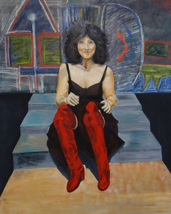 Painting titled "Les Bottes Rouges" by Chris Le Guen Drianne, Original Artwork, Oil Mounted on Wood Stretcher frame