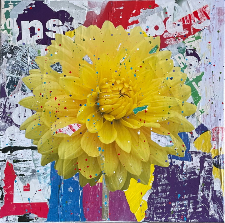 Collages titled "Dahlia jaune n°1" by Chris Rose, Original Artwork, Collages Mounted on Wood Stretcher frame