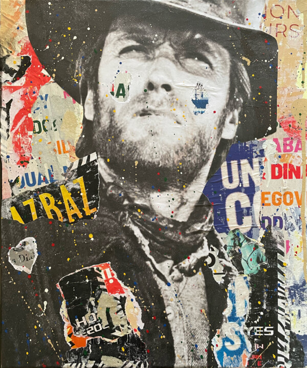 Collages getiteld "Clint" door Chris Rose, Origineel Kunstwerk, Collages Gemonteerd op Frame voor houten brancard