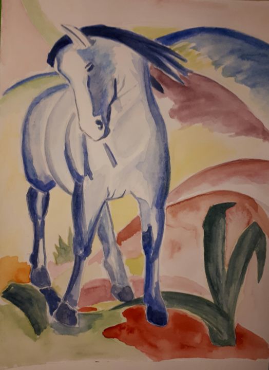 Peinture intitulée "Le cheval bleu" par Chris Texier, Œuvre d'art originale, Aquarelle