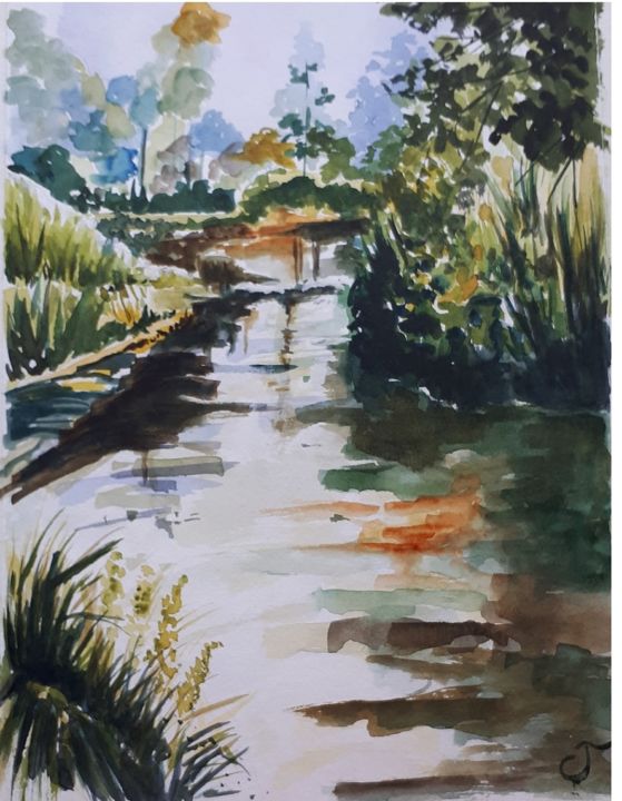 Painting titled "Paysage aquatique s…" by Chris Texier, Original Artwork, Watercolor Mounted on Glass