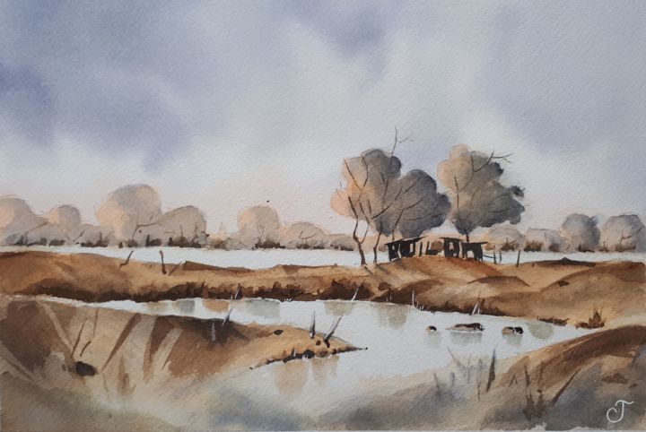 Painting titled "paysage tout en nua…" by Chris Texier, Original Artwork, Watercolor