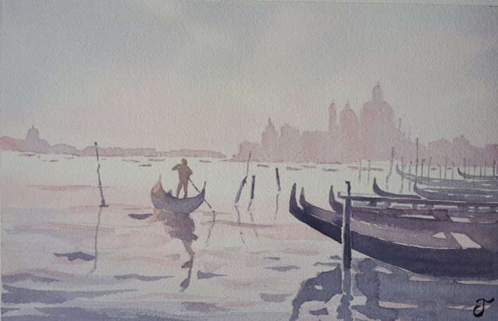 Painting titled "Crépuscule sur la l…" by Chris Texier, Original Artwork, Watercolor