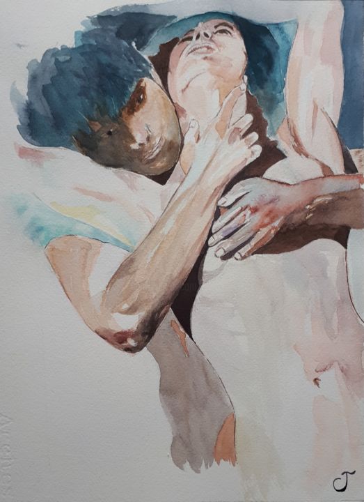 Painting titled "Abandon amoureux..." by Chris Texier, Original Artwork, Watercolor