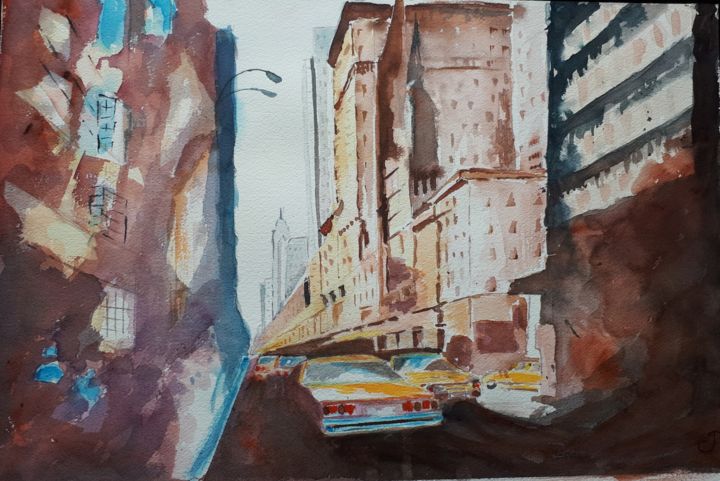 Malerei mit dem Titel "Les rues de New York" von Chris Texier, Original-Kunstwerk, Aquarell