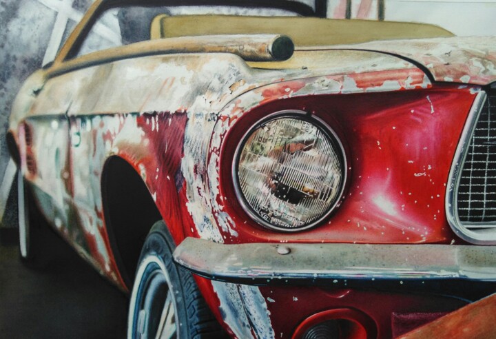 Malerei mit dem Titel "Ford Mustang" von Chrisart.Aquarelle, Original-Kunstwerk, Aquarell