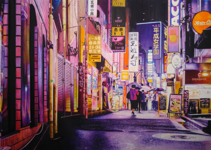 Malerei mit dem Titel "Shibuya, Dogenzaka" von Chrisart.Aquarelle, Original-Kunstwerk, Aquarell
