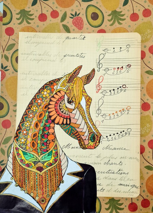 Collages intitolato "Hyppolite l'élégant" da Christine Germant, Opera d'arte originale, Pennarello