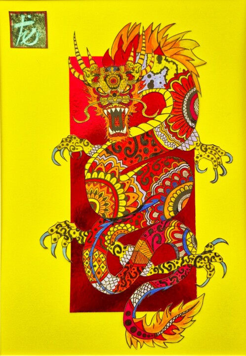 Collagen mit dem Titel "Dragon Rouge" von Christine Germant, Original-Kunstwerk, Collagen Auf Karton montiert