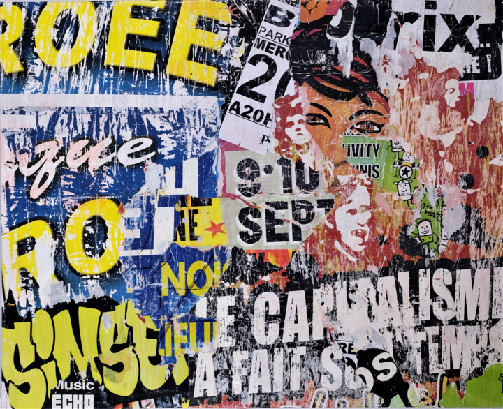 Collages titled "Capitalisme" by Chriso, Original Artwork, Collages Mounted on Wood Stretcher frame