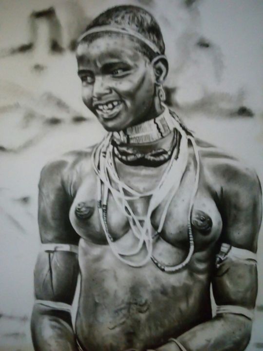 Desenho intitulada "Femme guerrière" por Christ Fabien Touboui, Obras de arte originais, Carvão