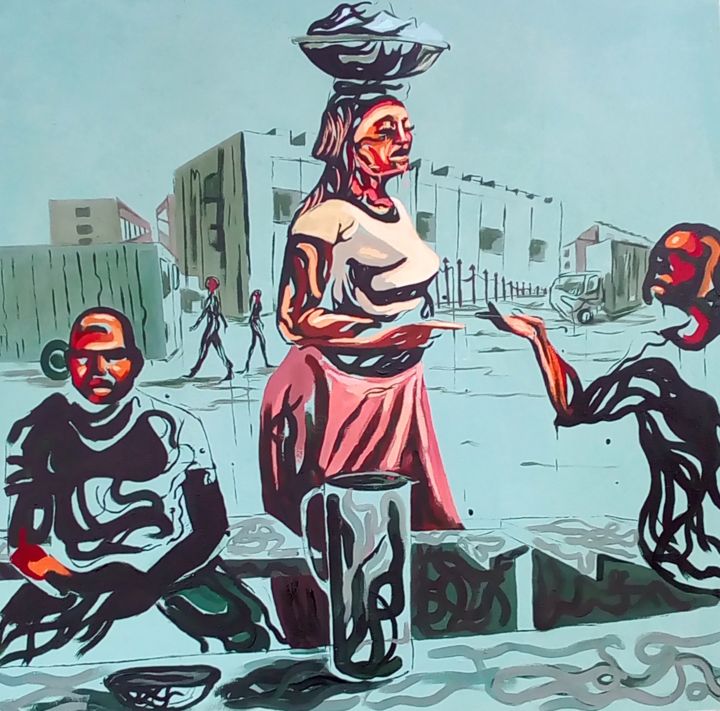 Peinture intitulée "La vendeuse de Koua…" par Christ Fabien Touboui, Œuvre d'art originale, Acrylique