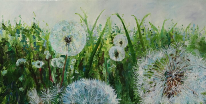 Painting titled "Blumenwiese 2" by Christa Riemann, Original Artwork, Oil Mounted on Wood Stretcher frame