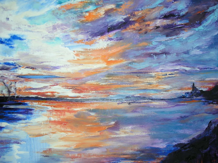 Painting titled "COUCHER DE SOLEIL L…" by Christberg, Original Artwork, Oil Mounted on Wood Stretcher frame